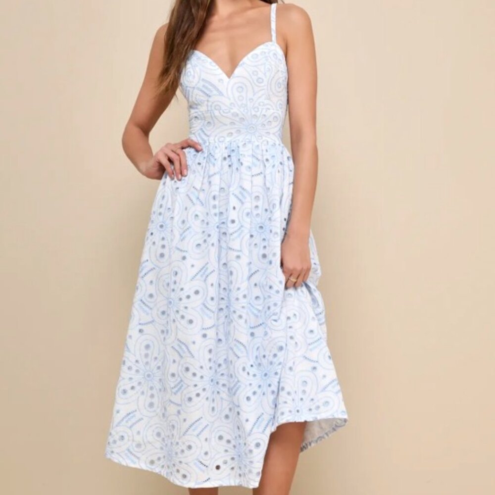 Lulus White and Baby Blue Eyelet Embroidered Midi (New with Tags!)